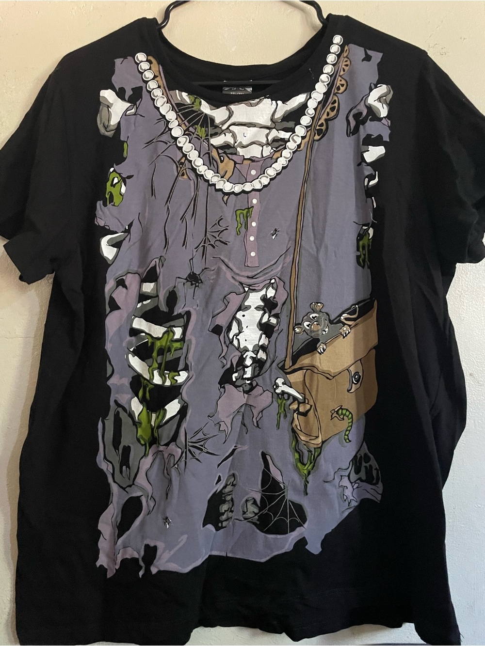 Black Graphic Short-Sleeve Women’s Top with Purple & Green Print